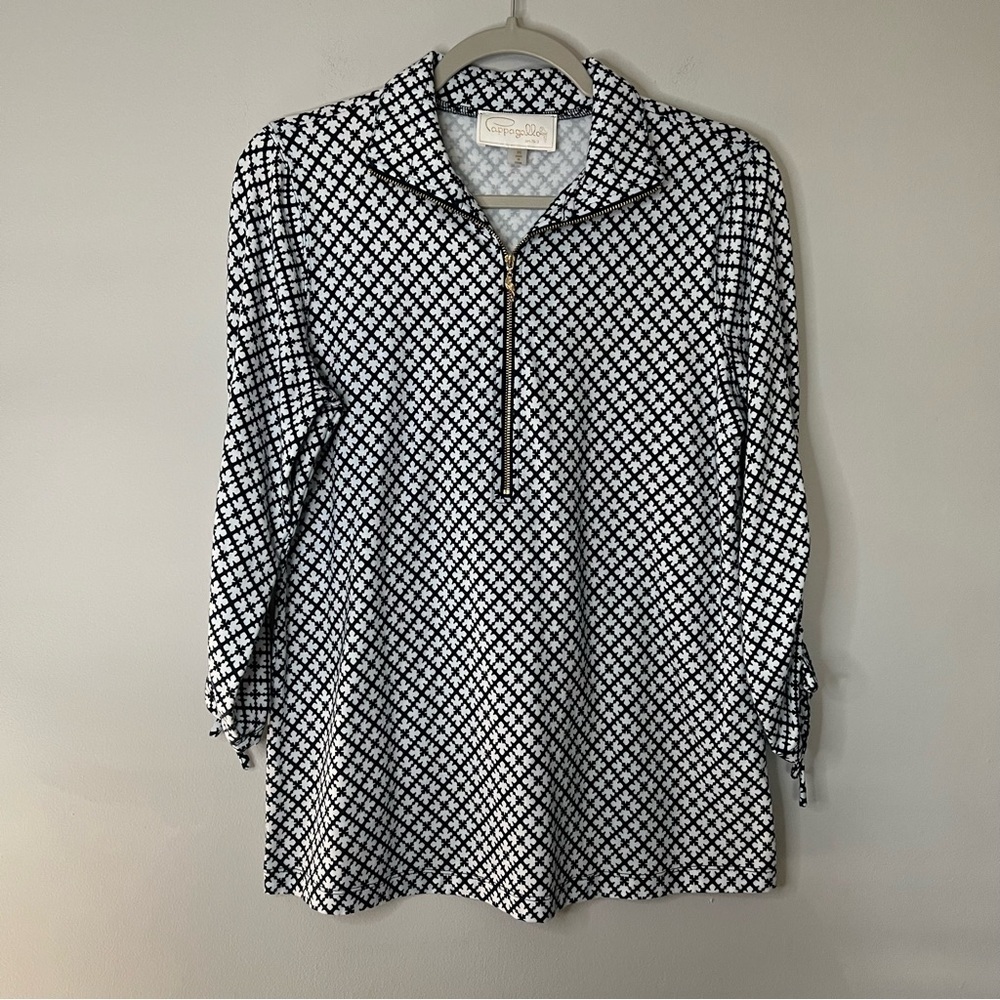 Women’s Pappagallo blue patterned half zip runched sleeve sweater size medium M